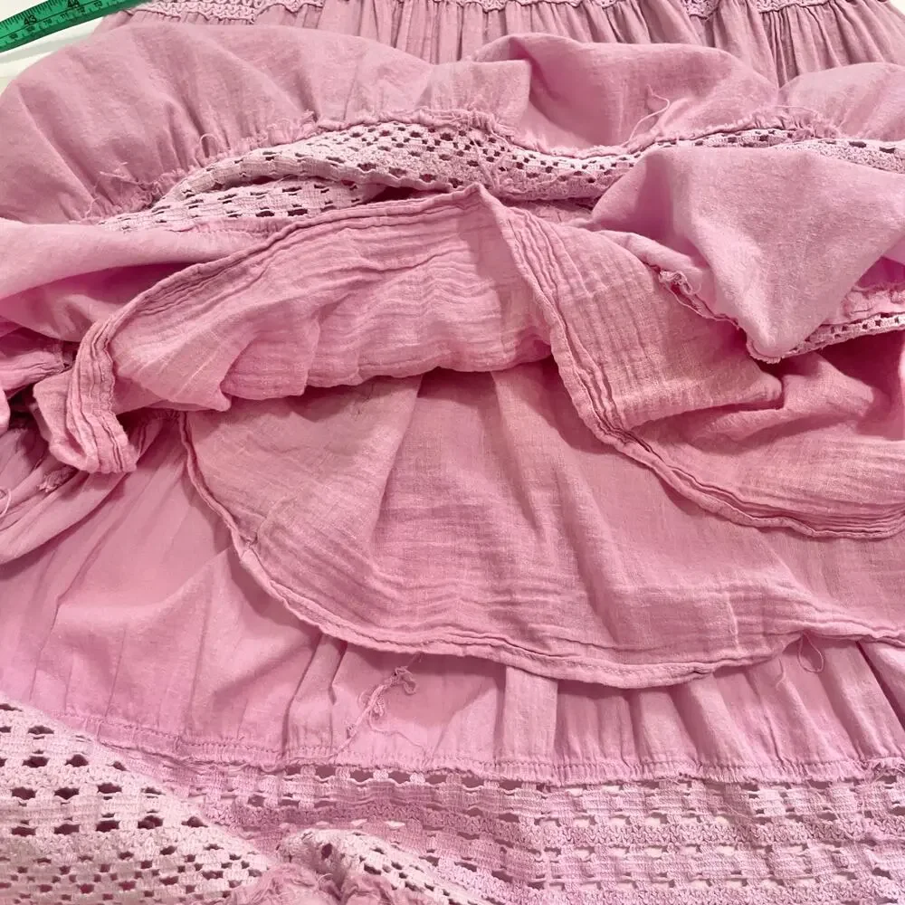 Crochet Tiered Maxi Dress Womens L Pink Purple Cottage Boho Romantic Cotton - Picture 13 of 15